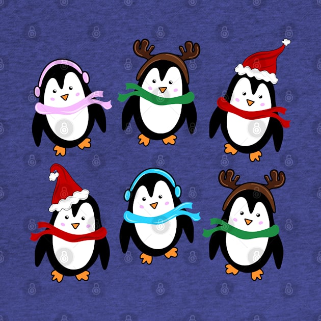 Festive Christmas Holiday Penguins with Earmuffs, Santa Hats, and Reindeer Antlers, made by EndlessEmporium by EndlessEmporium